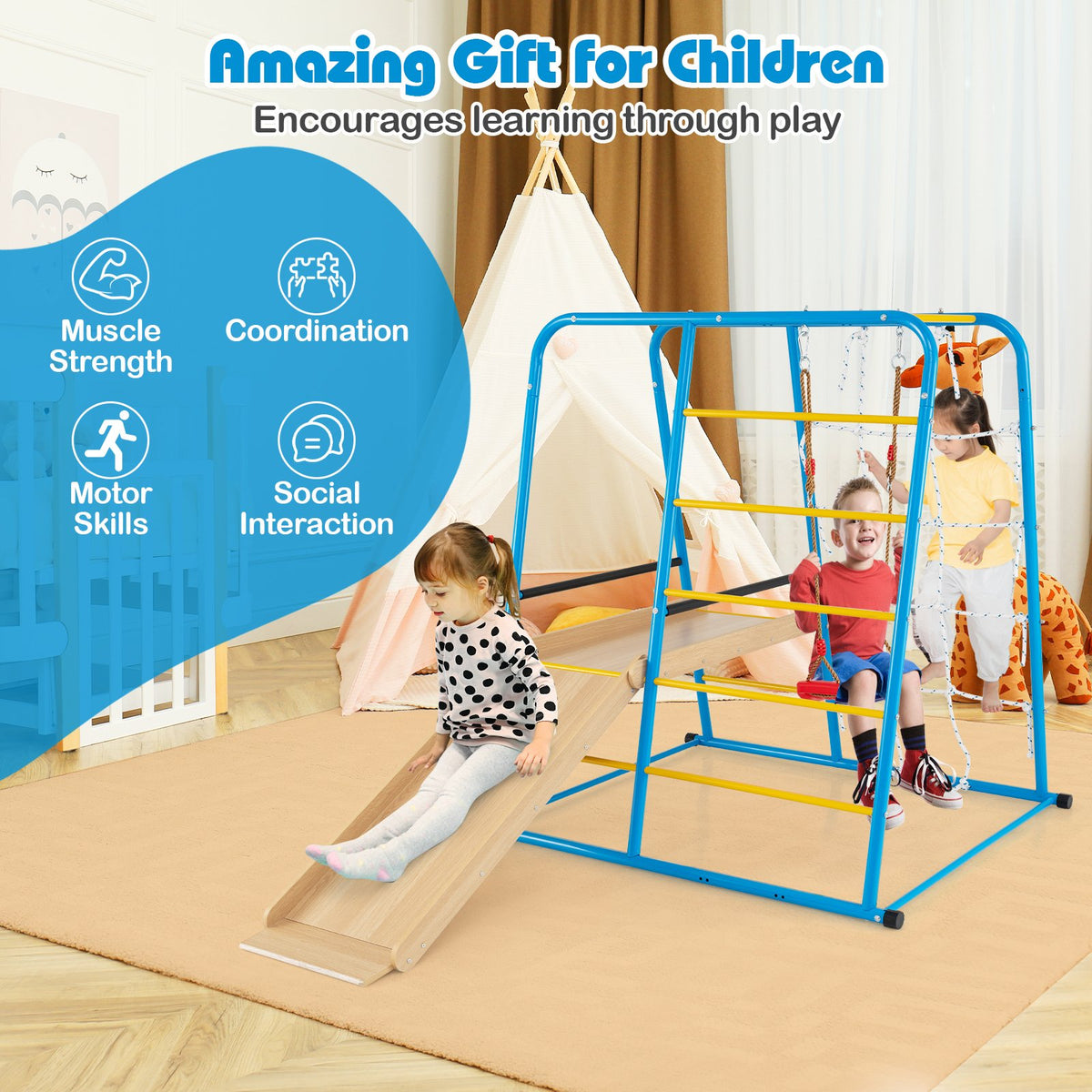 6-in-1 Indoor Jungle Gym with Slide for Boys and Girls 3+ Years Old-Blue view 9