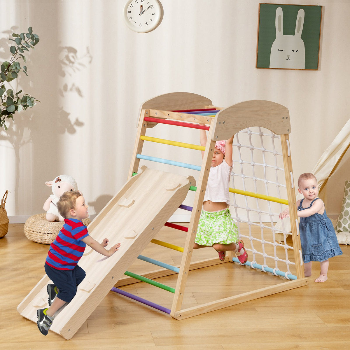 6-in-1 Jungle Gym Wooden Indoor Playground with Double-Sided Ramp and Monkey Bars-Multicolor view 2