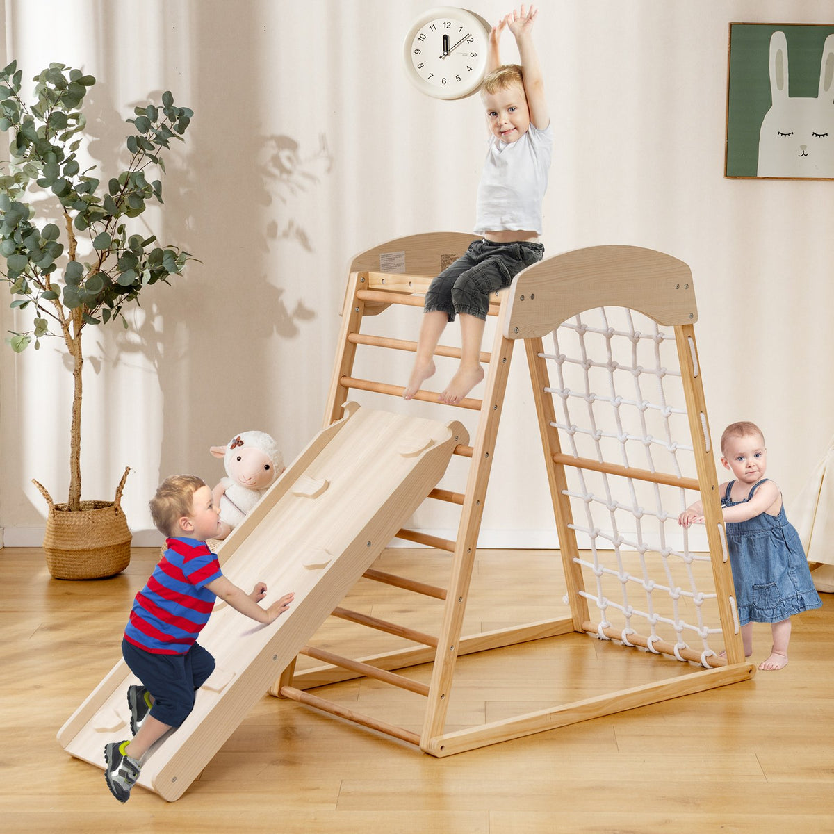 6-in-1 Jungle Gym Wooden Indoor Playground with Double-Sided Ramp and Monkey Bars-Natural view 2