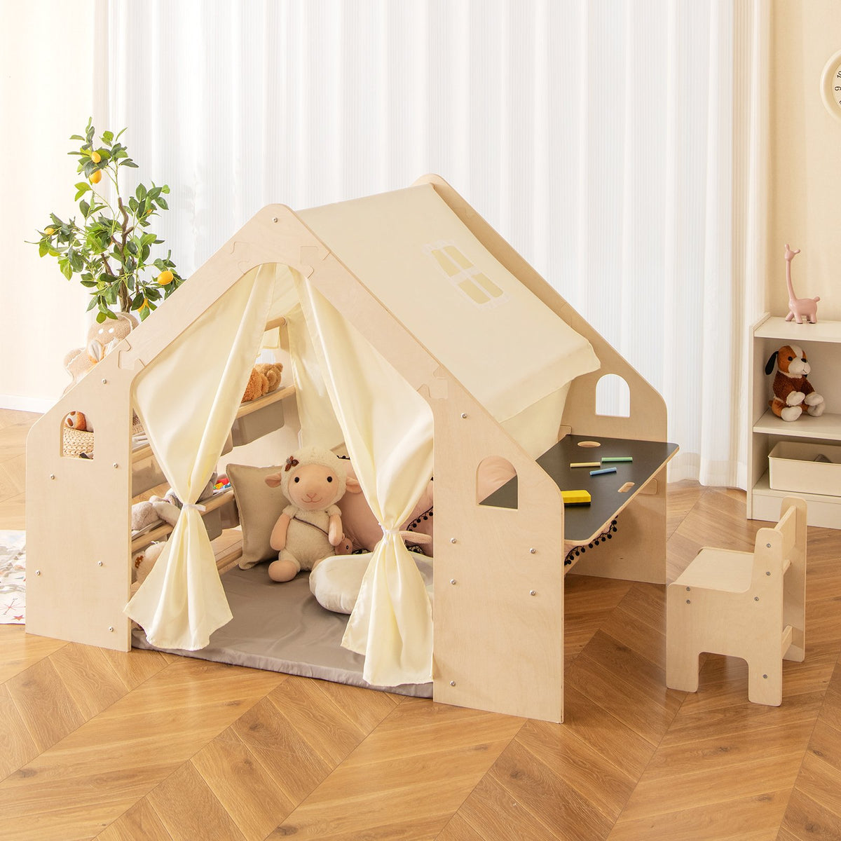 6-in-1 Kids Play Tent Playhouse with Blackboard 6 Storage Bins and Floor Cushion-Beige view 2
