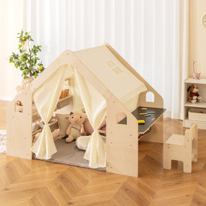 6-in-1 Kids Play Tent Playhouse with Blackboard 6 Storage Bins and Floor Cushion-Beige view 2