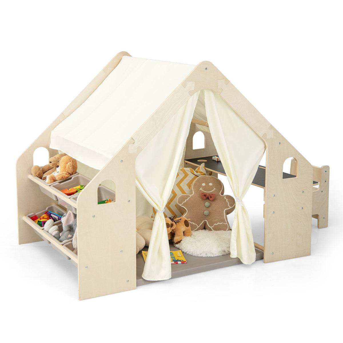 6-in-1 Kids Play Tent Playhouse with Blackboard 6 Storage Bins and Floor Cushion-Beige view 4