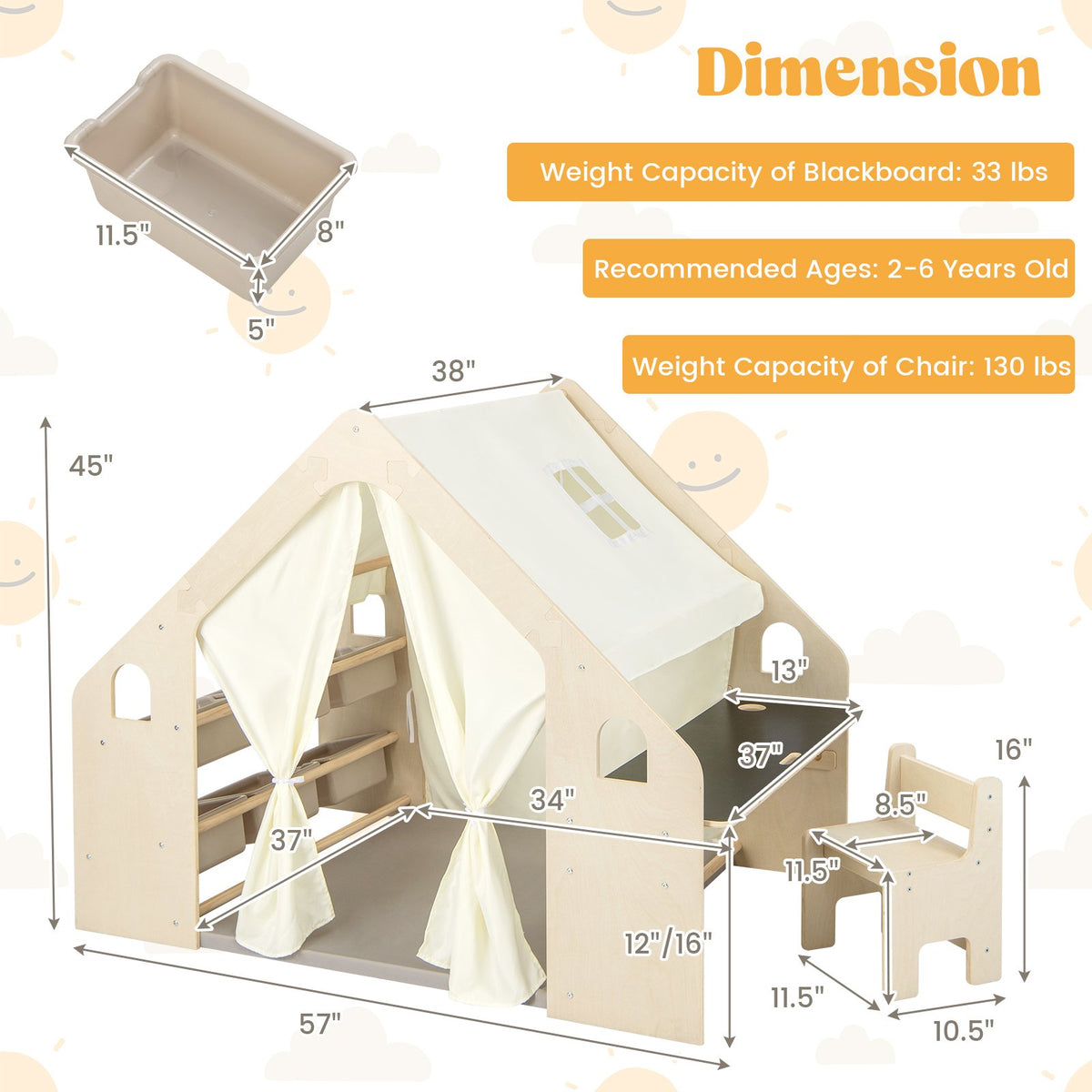 6-in-1 Kids Play Tent Playhouse with Blackboard 6 Storage Bins and Floor Cushion-Beige view 5