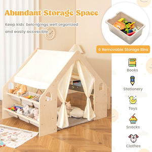 6-in-1 Kids Play Tent Playhouse with Blackboard 6 Storage Bins and Floor Cushion-Beige view 6