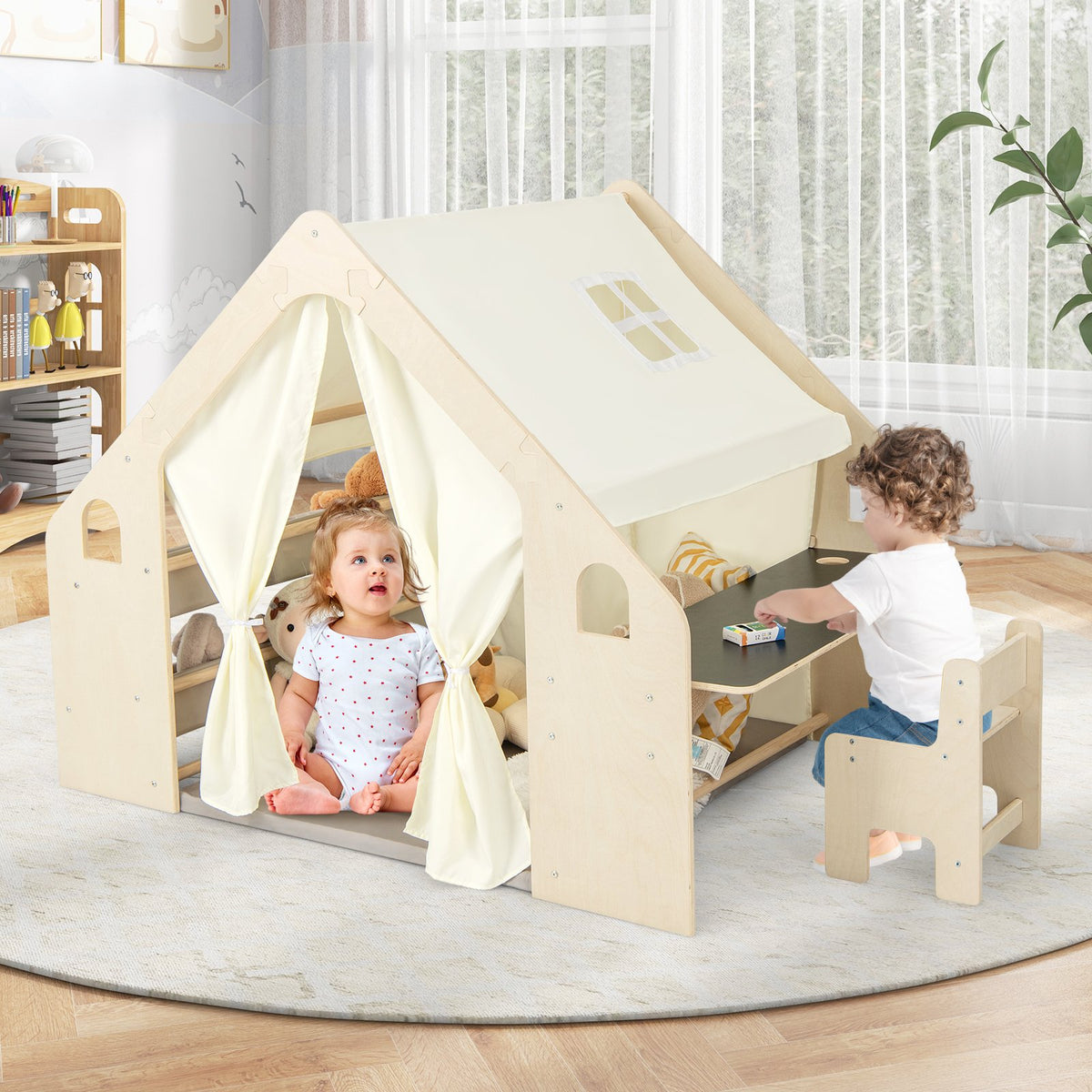 6-in-1 Kids Play Tent Playhouse with Blackboard 6 Storage Bins and Floor Cushion-Beige view 7