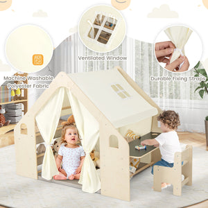 6-in-1 Kids Play Tent Playhouse with Blackboard 6 Storage Bins and Floor Cushion-Beige view 9