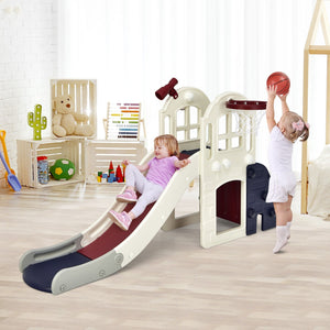 6-In-1 Large Slide for Kids Toddler Climber Slide Playset with Basketball Hoop-Blue view 3