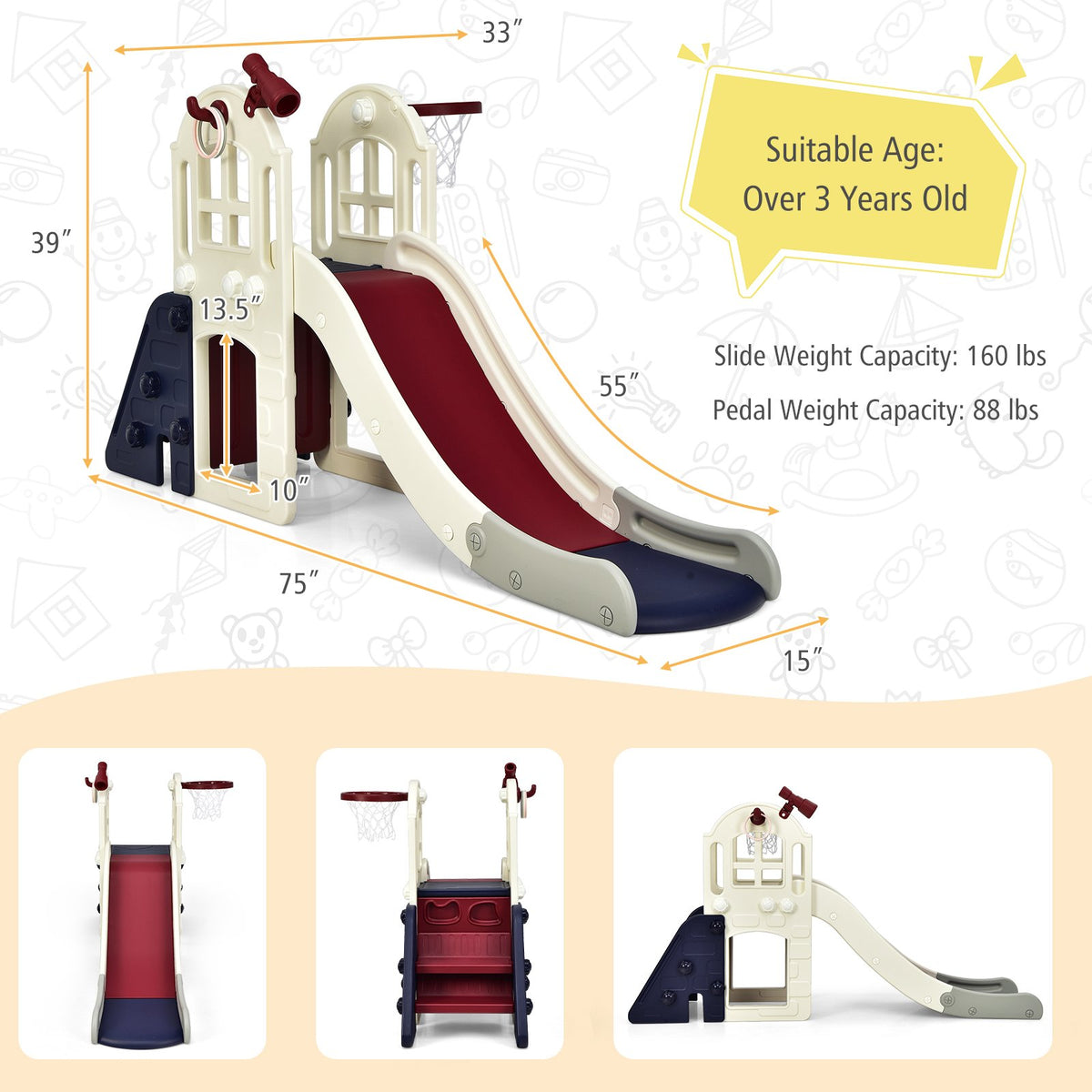6-In-1 Large Slide for Kids Toddler Climber Slide Playset with Basketball Hoop-Blue view 5