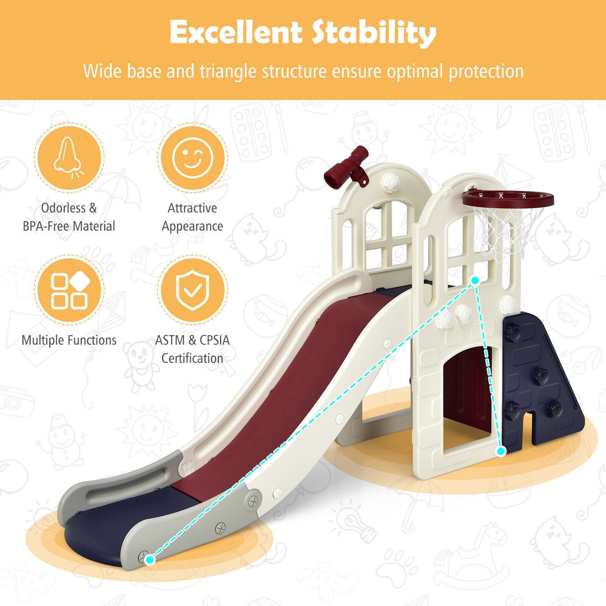 6-In-1 Large Slide for Kids Toddler Climber Slide Playset with Basketball Hoop-Blue view 7