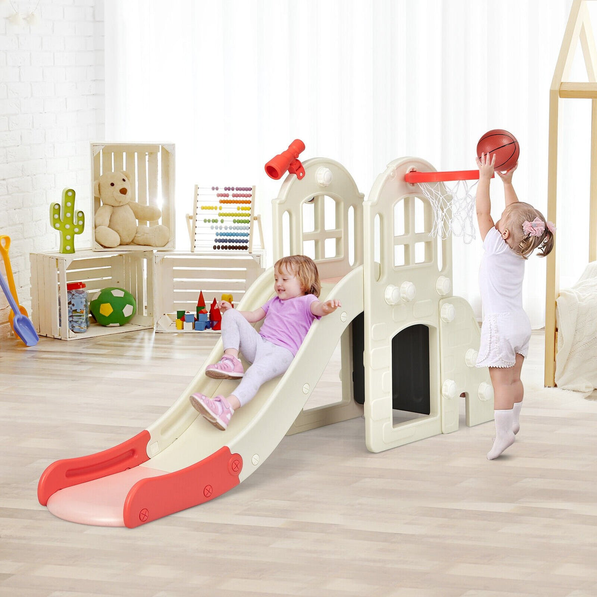 6-In-1 Large Slide for Kids Toddler Climber Slide Playset with Basketball Hoop-Pink view 3