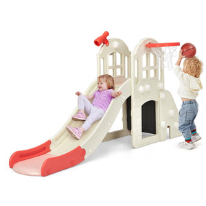 6-In-1 Large Slide for Kids Toddler Climber Slide Playset with Basketball Hoop-Pink view 4