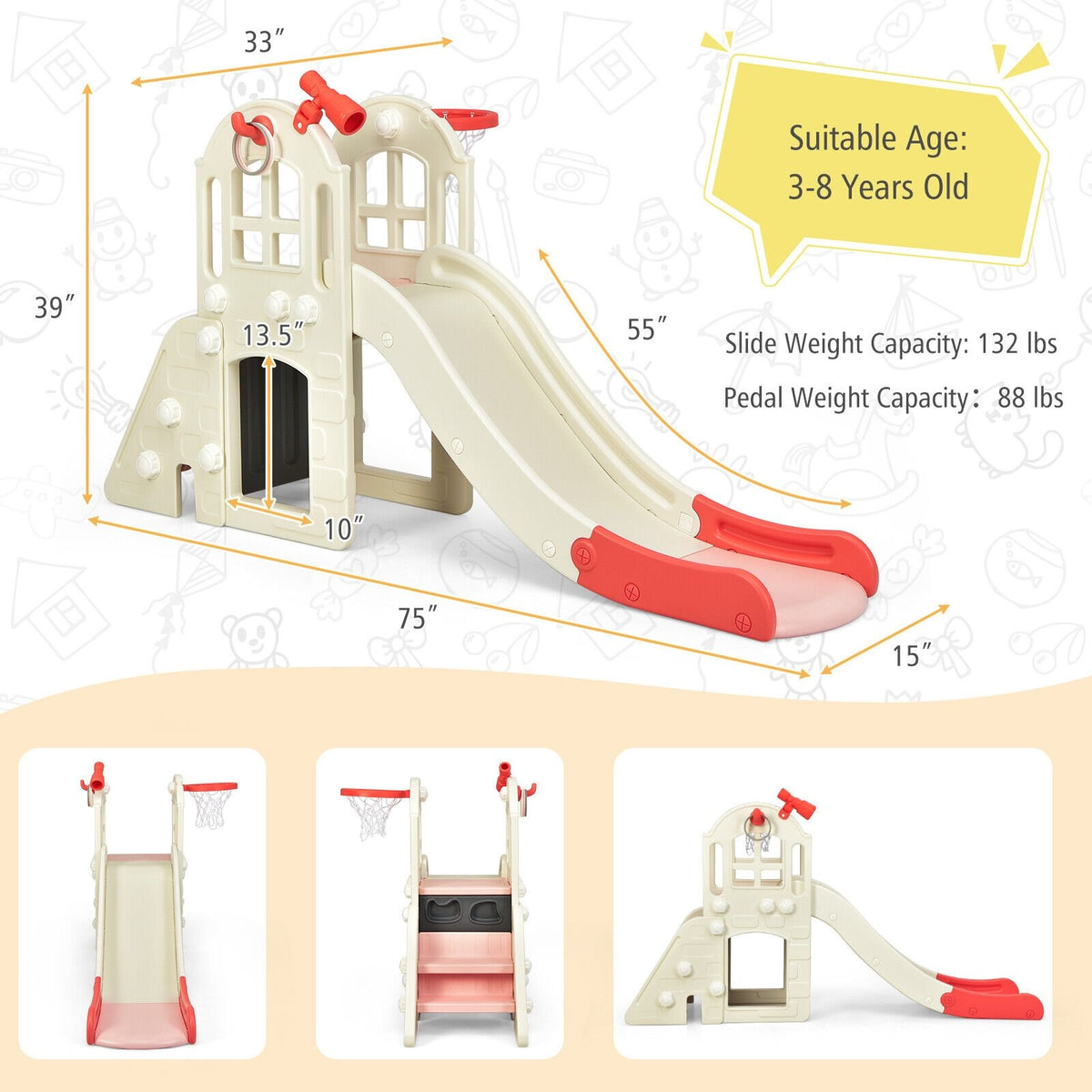 6-In-1 Large Slide for Kids Toddler Climber Slide Playset with Basketball Hoop-Pink view 5