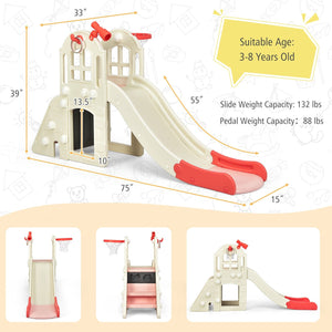 6-In-1 Large Slide for Kids Toddler Climber Slide Playset with Basketball Hoop-Pink view 5