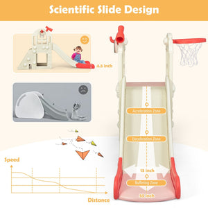 6-In-1 Large Slide for Kids Toddler Climber Slide Playset with Basketball Hoop-Pink view 9