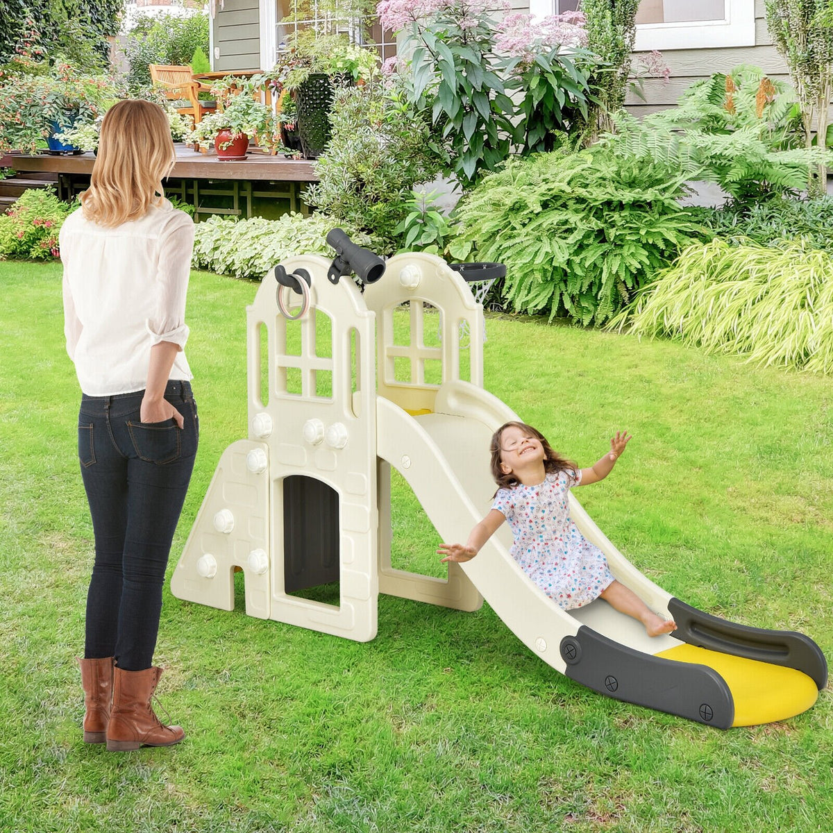 6-In-1 Large Slide for Kids Toddler Climber Slide Playset with Basketball Hoop-Yellow view 2