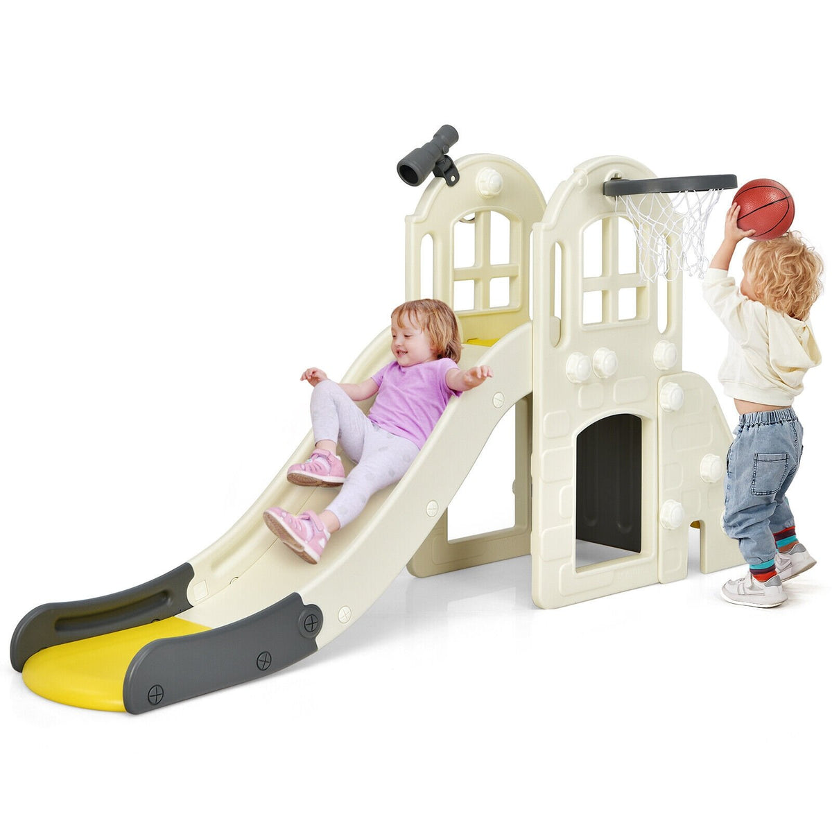 6-In-1 Large Slide for Kids Toddler Climber Slide Playset with Basketball Hoop-Yellow view 4