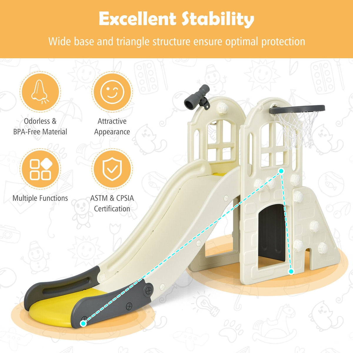 6-In-1 Large Slide for Kids Toddler Climber Slide Playset with Basketball Hoop-Yellow view 7