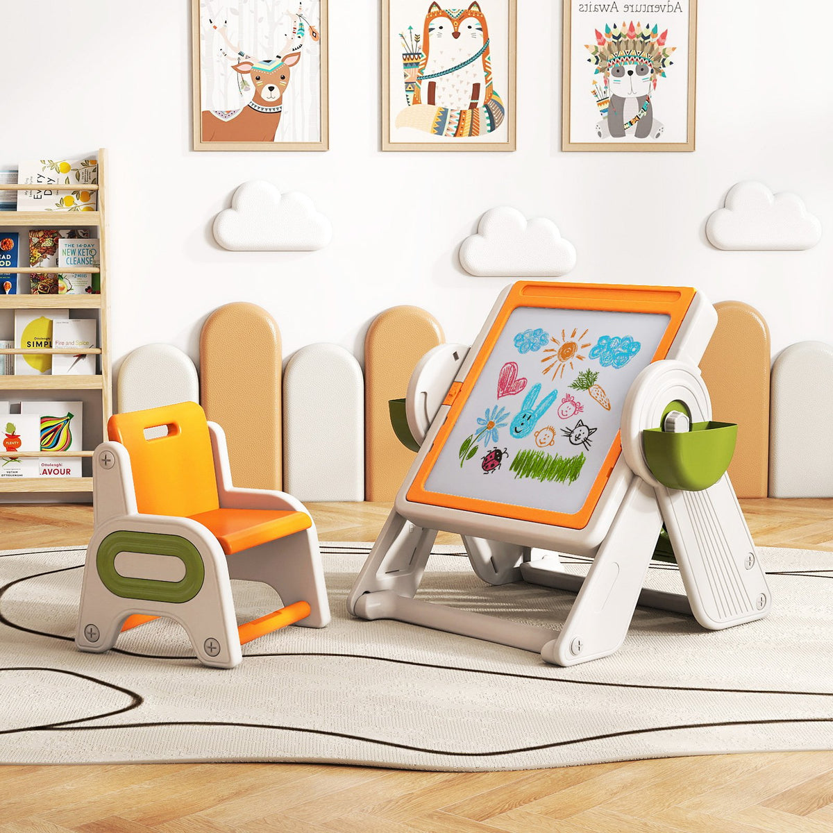 6-in-1 Multi-activity Children Table and Chair Set Folding Art Easel Set-Orange view 3