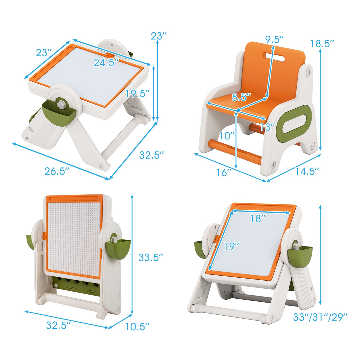 6-in-1 Multi-activity Children Table and Chair Set Folding Art Easel Set-Orange view 5