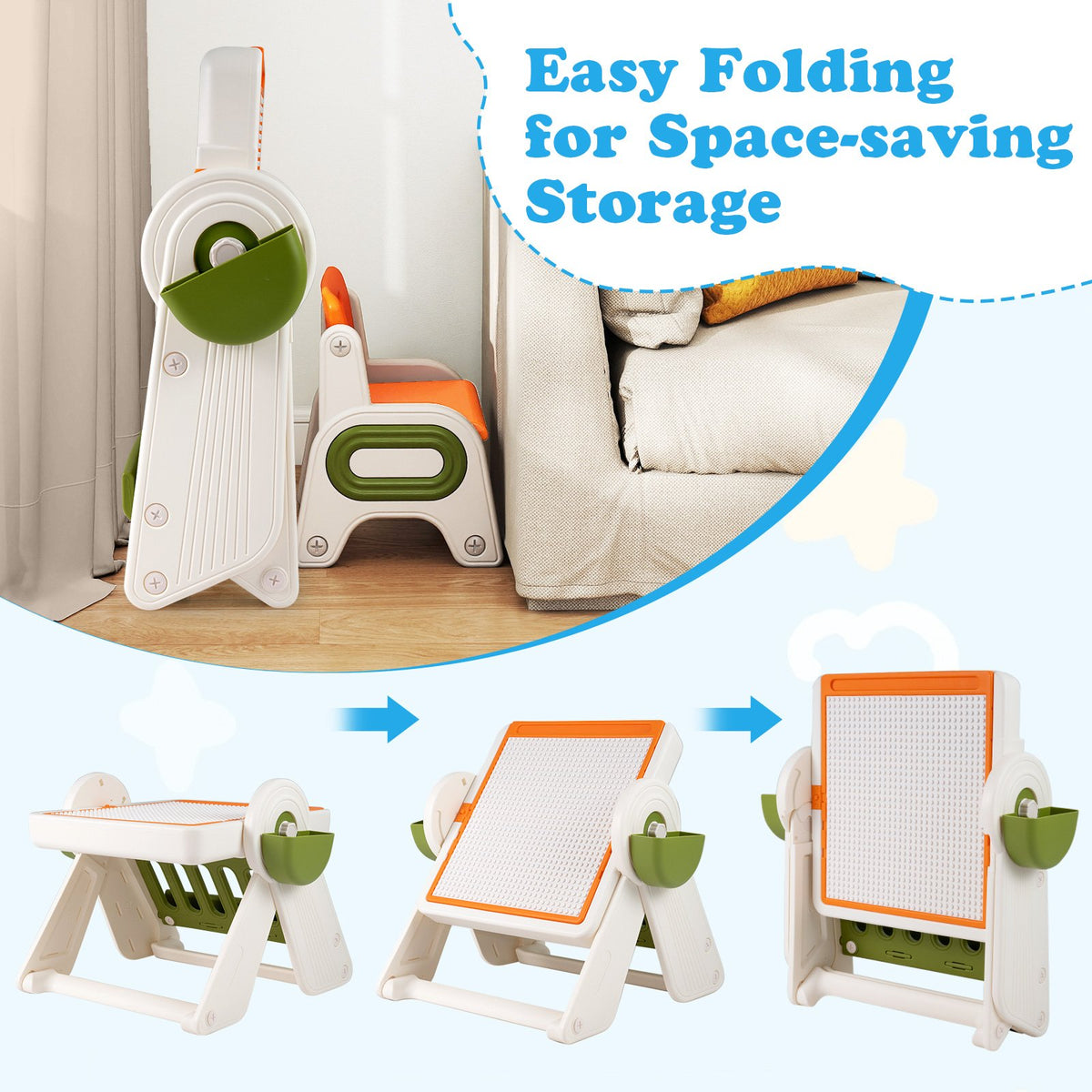 6-in-1 Multi-activity Children Table and Chair Set Folding Art Easel Set-Orange view 9