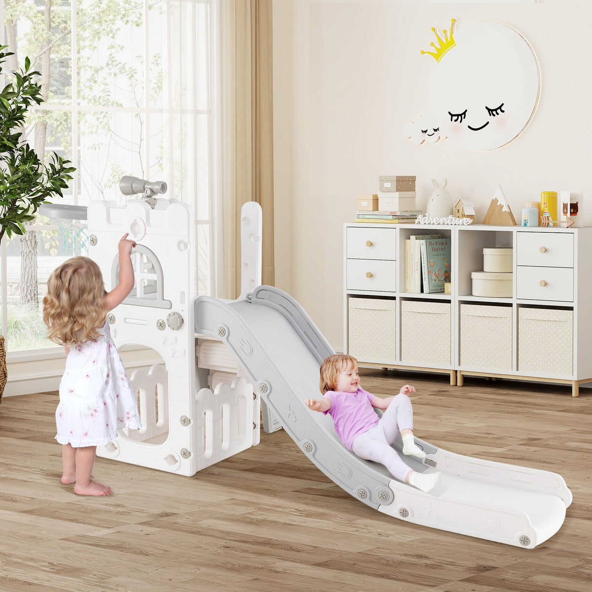 6-in-1 Toddler Slide L-shaped Playground with Basketball Hoop and Ladder-Gray view 3