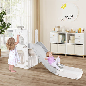 6-in-1 Toddler Slide L-shaped Playground with Basketball Hoop and Ladder-Gray view 3