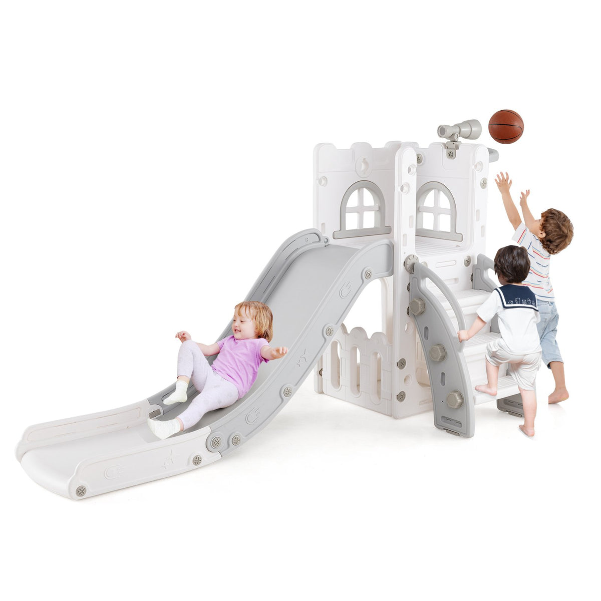 6-in-1 Toddler Slide L-shaped Playground with Basketball Hoop and Ladder-Gray view 4