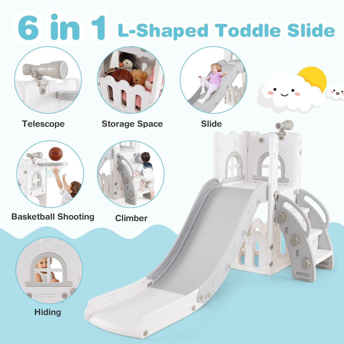6-in-1 Toddler Slide L-shaped Playground with Basketball Hoop and Ladder-Gray view 7