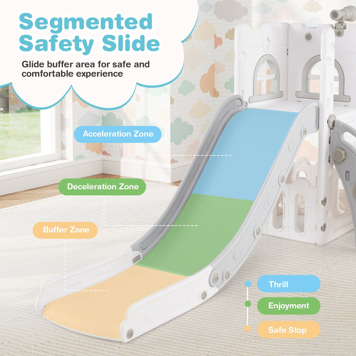 6-in-1 Toddler Slide L-shaped Playground with Basketball Hoop and Ladder-Gray view 8