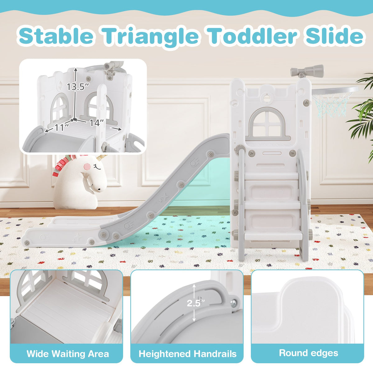 6-in-1 Toddler Slide L-shaped Playground with Basketball Hoop and Ladder-Gray view 9