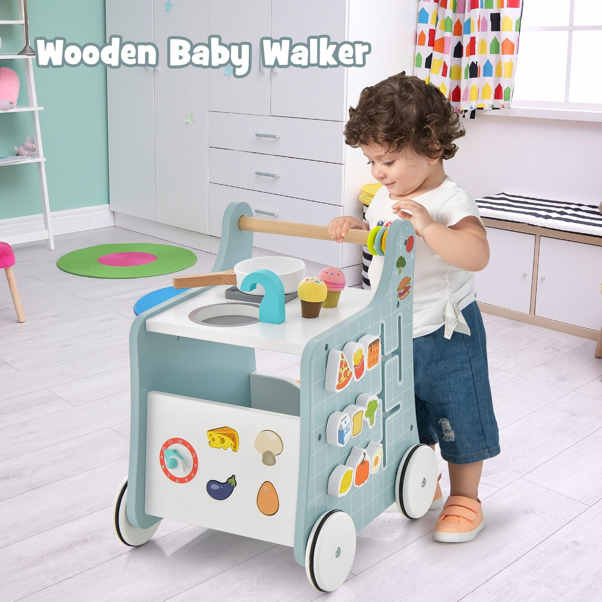 6-in-1 Wooden Baby Stroller with Play Kitchen for Kids Over 12 Months-Blue view 3