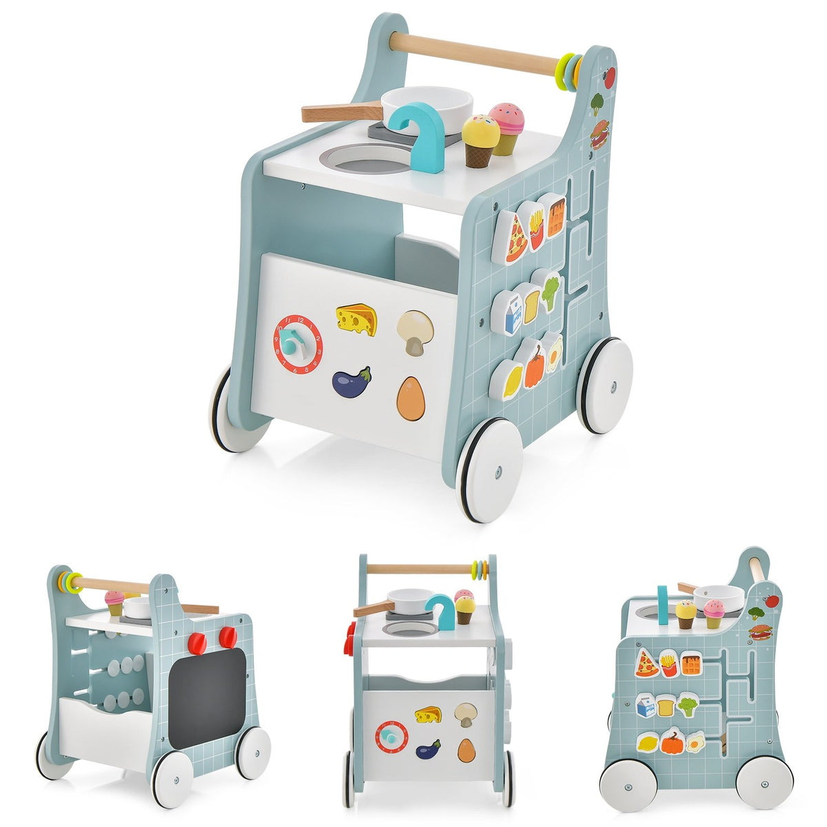 6-in-1 Wooden Baby Stroller with Play Kitchen for Kids Over 12 Months-Blue view 4