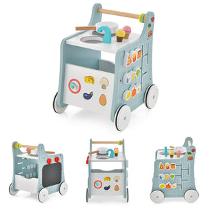 6-in-1 Wooden Baby Stroller with Play Kitchen for Kids Over 12 Months-Blue view 4