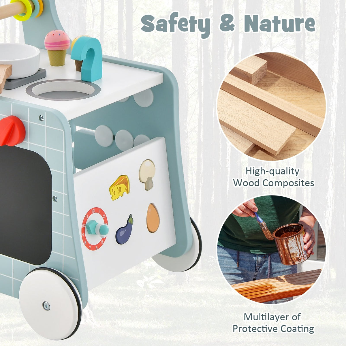 6-in-1 Wooden Baby Stroller with Play Kitchen for Kids Over 12 Months-Blue view 9