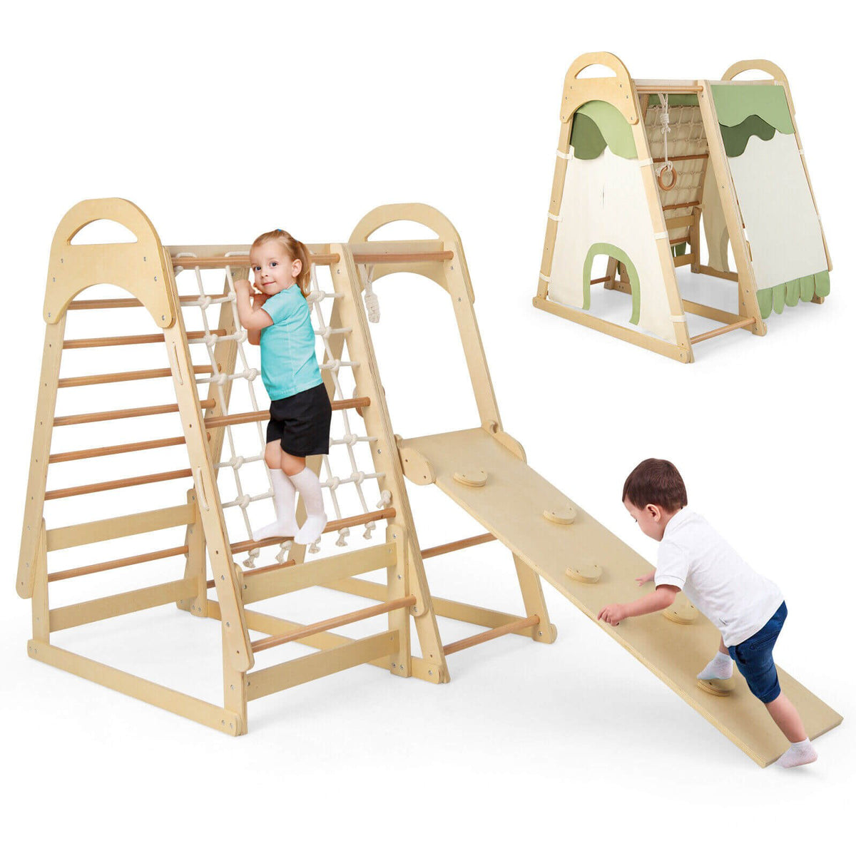 6-in-1 Wooden Kids Jungle Gym Playset with Slide Climbing Net-Natural