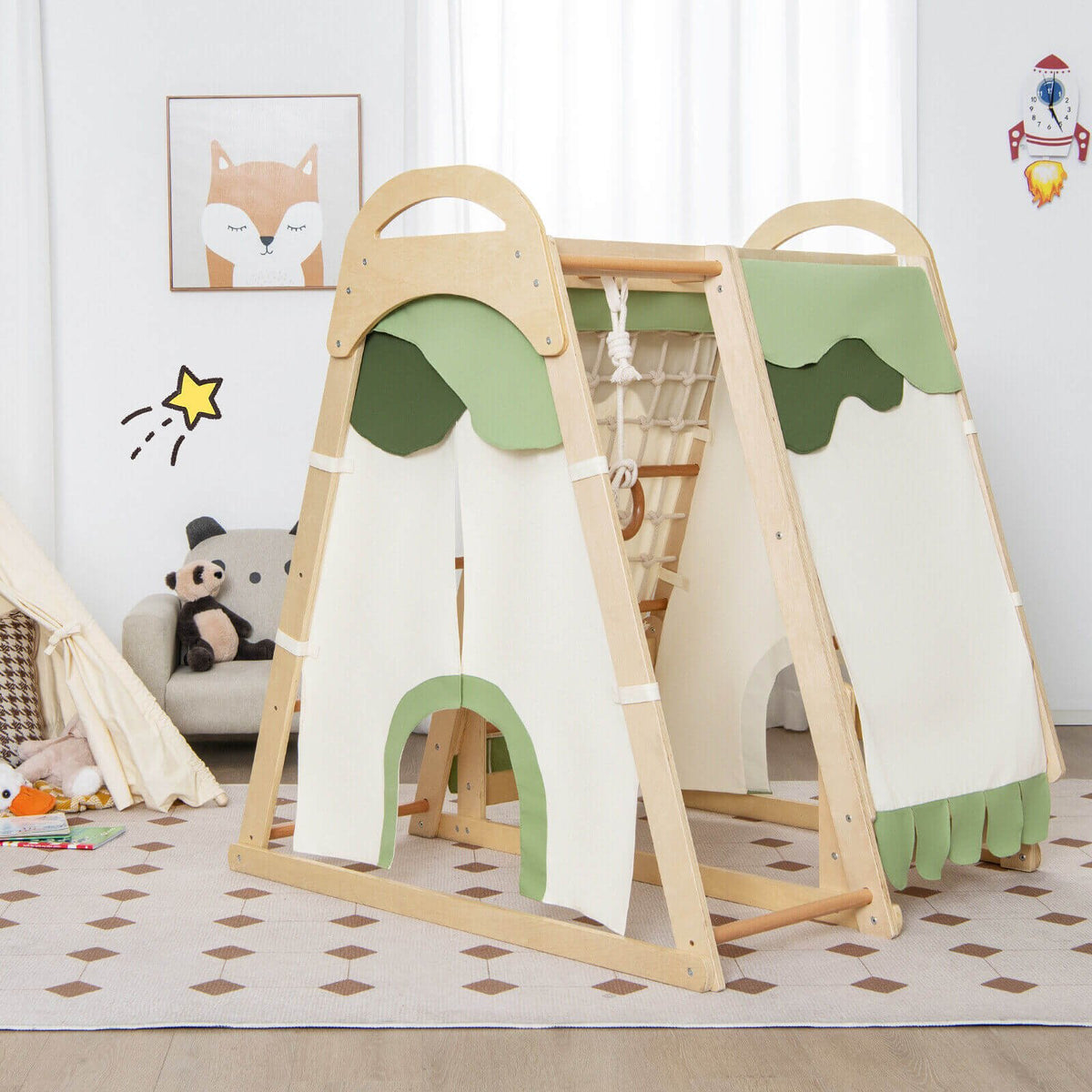 6-in-1 Wooden Kids Jungle Gym Playset with Slide Climbing Net-Natural view 2