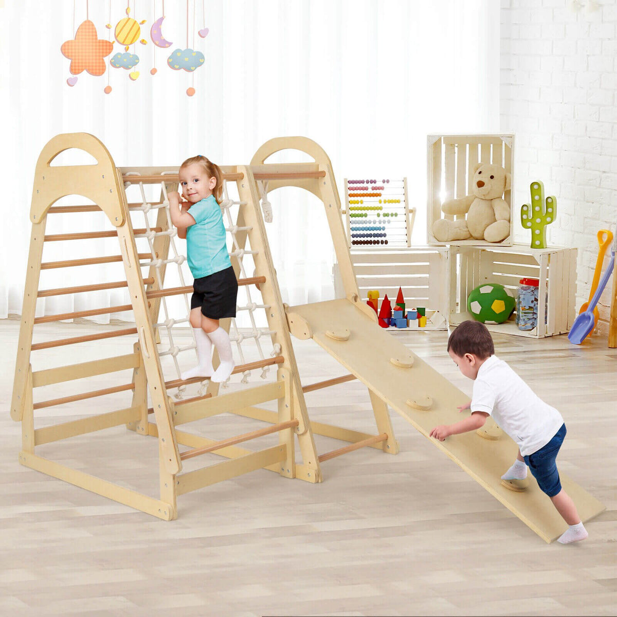 6-in-1 Wooden Kids Jungle Gym Playset with Slide Climbing Net-Natural view 3