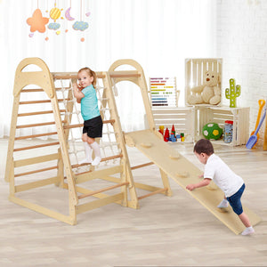 6-in-1 Wooden Kids Jungle Gym Playset with Slide Climbing Net-Natural view 3