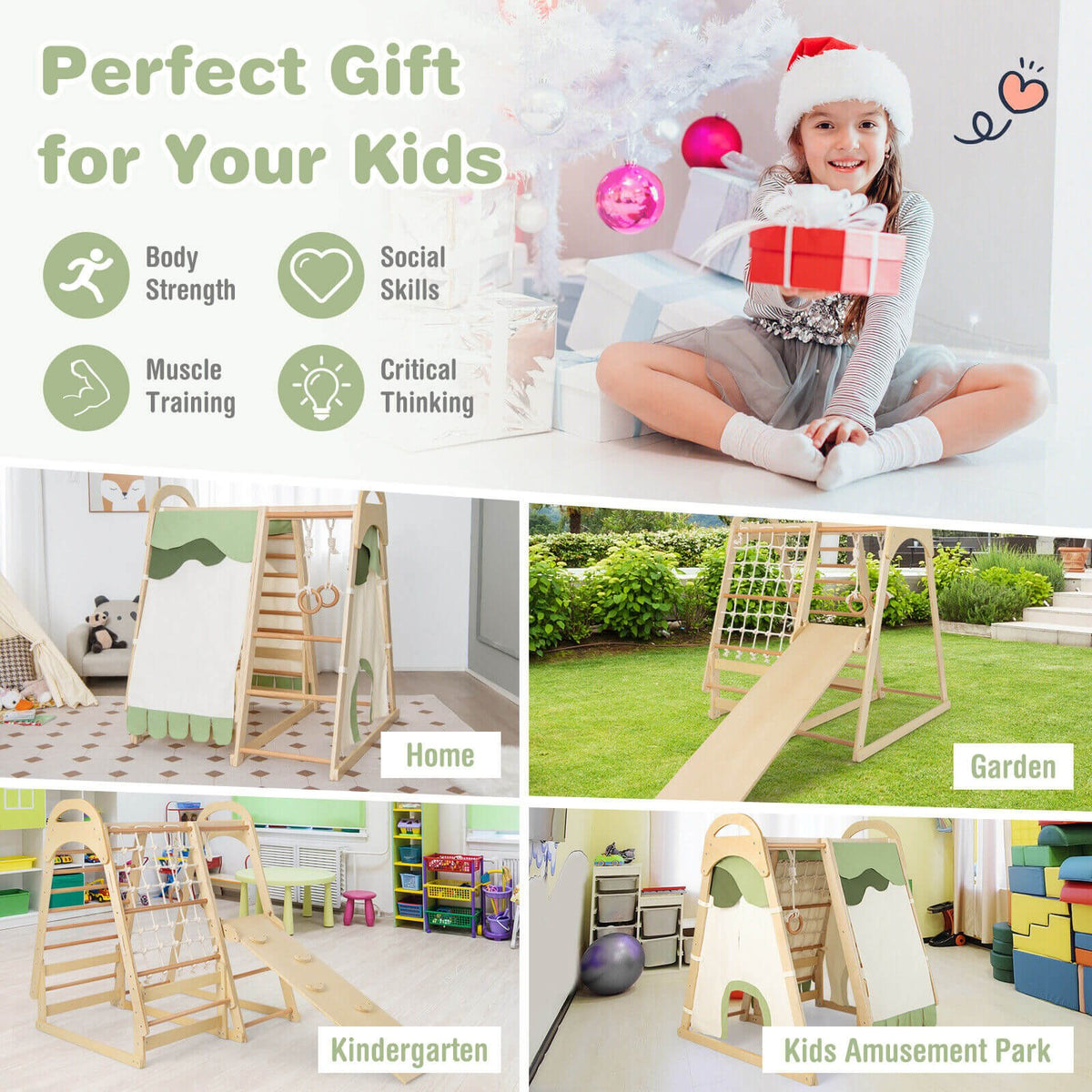 6-in-1 Wooden Kids Jungle Gym Playset with Slide Climbing Net-Natural view 6