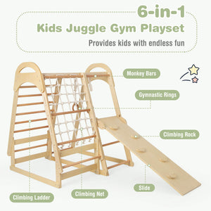 6-in-1 Wooden Kids Jungle Gym Playset with Slide Climbing Net-Natural view 9