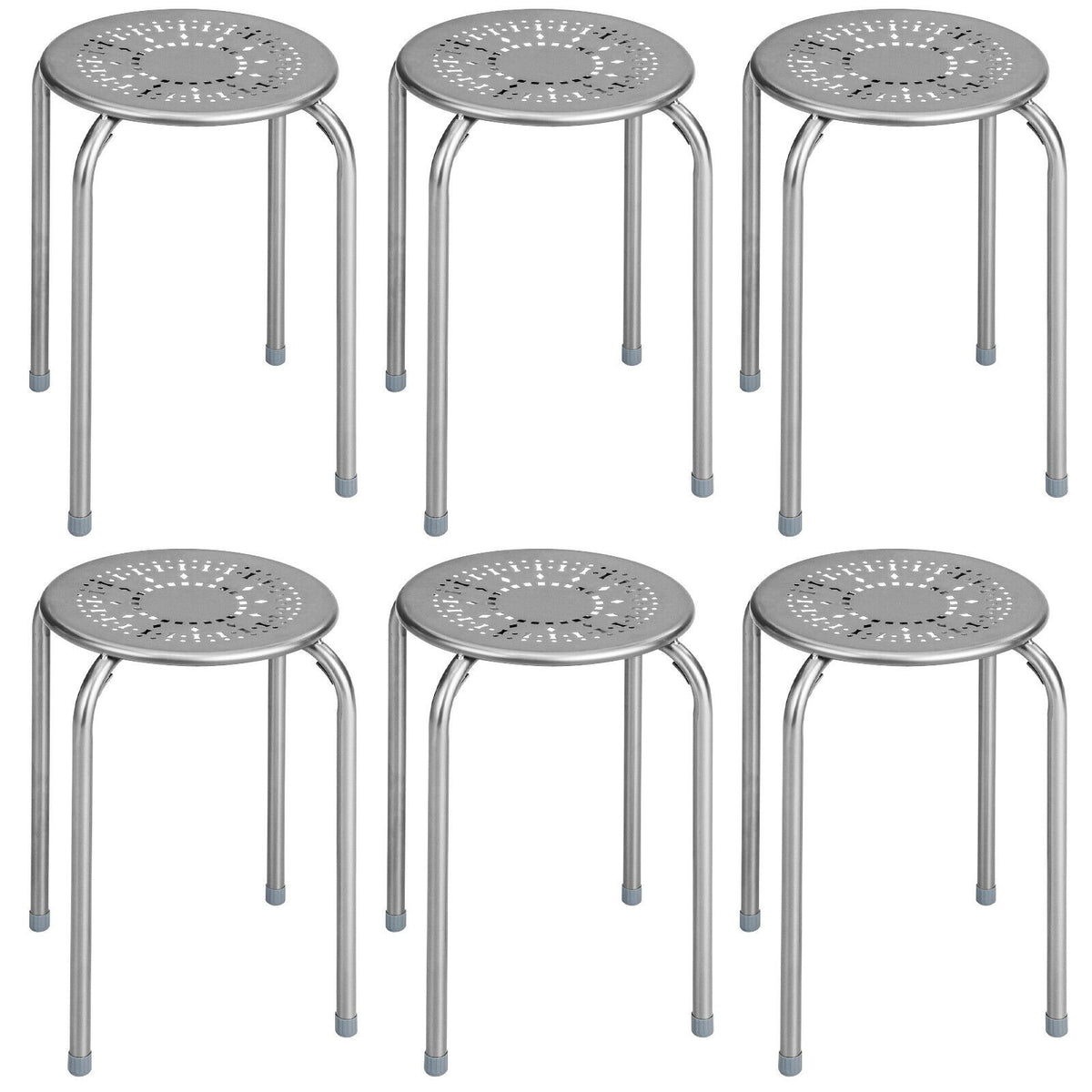 6-Pack Stackable Multifunctional Daisy Design Backless Round Metal Stool Set-Grey