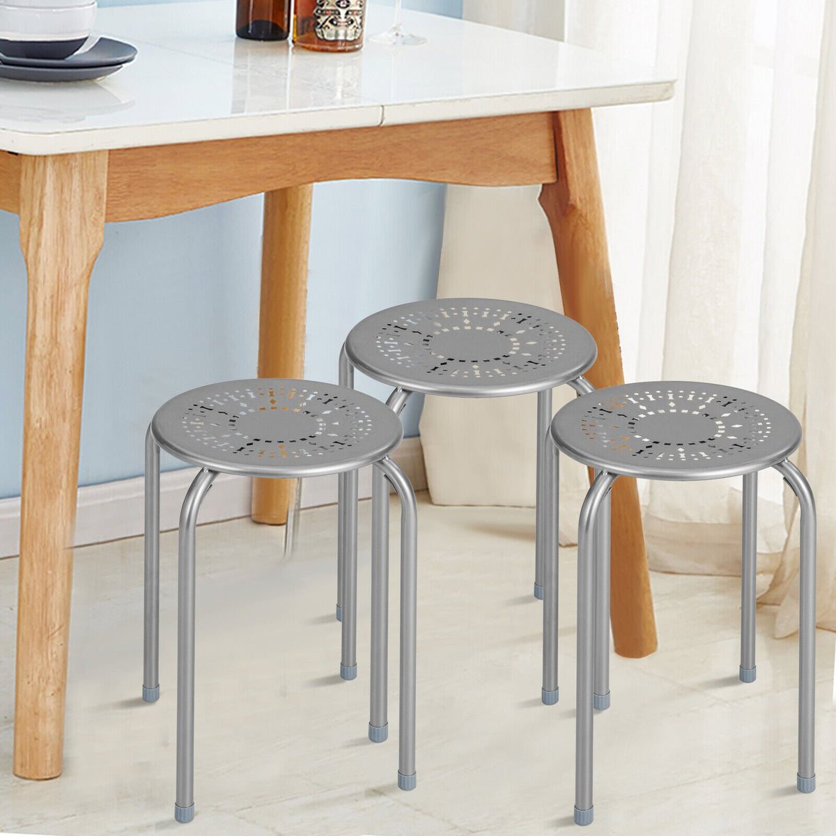 6-Pack Stackable Multifunctional Daisy Design Backless Round Metal Stool Set-Grey view 5