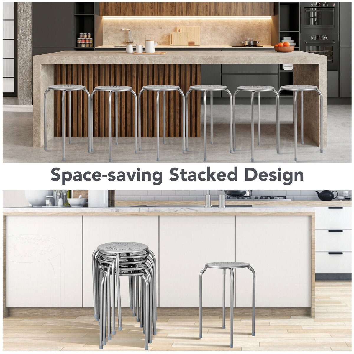 6-Pack Stackable Multifunctional Daisy Design Backless Round Metal Stool Set-Grey view 6