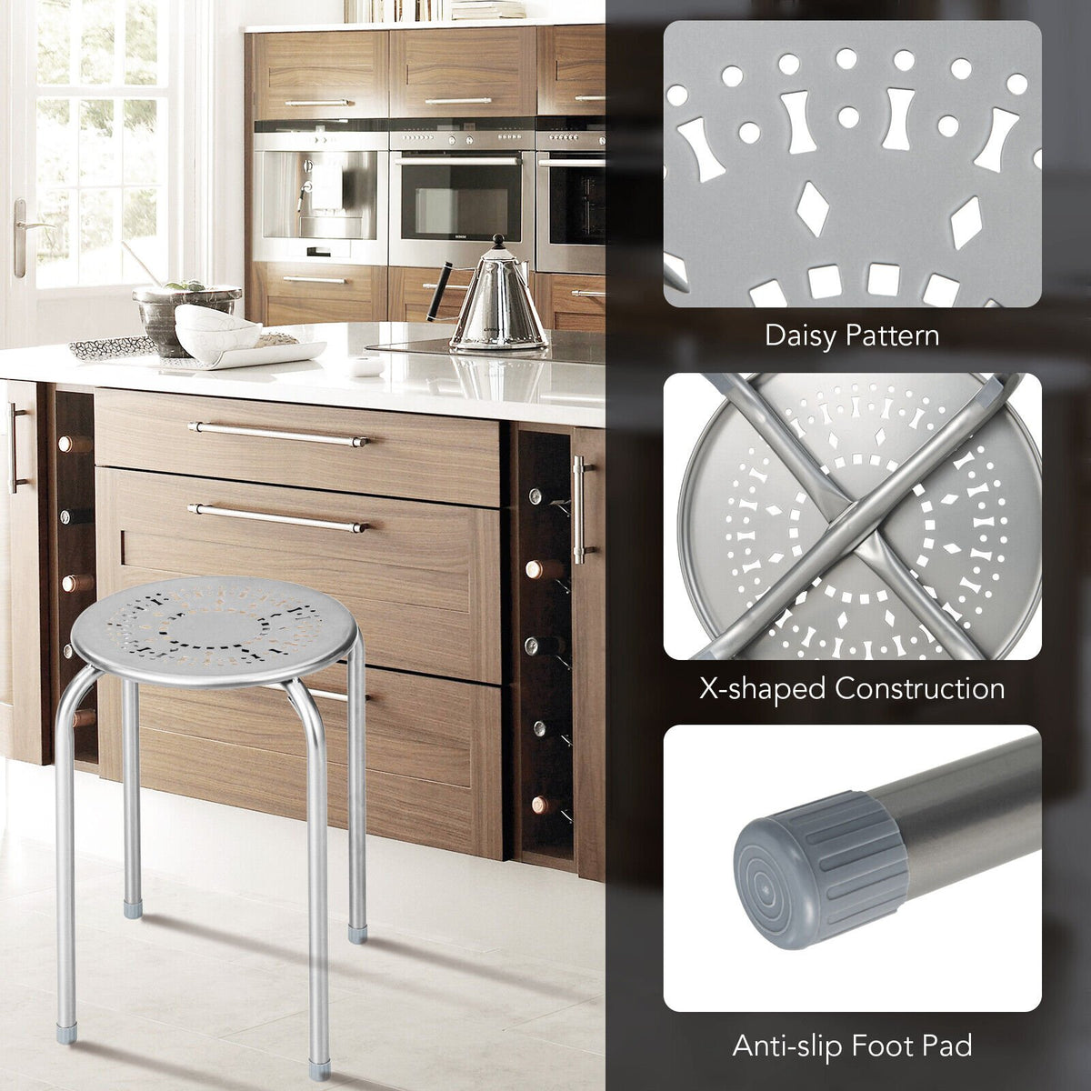 6-Pack Stackable Multifunctional Daisy Design Backless Round Metal Stool Set-Grey view 8