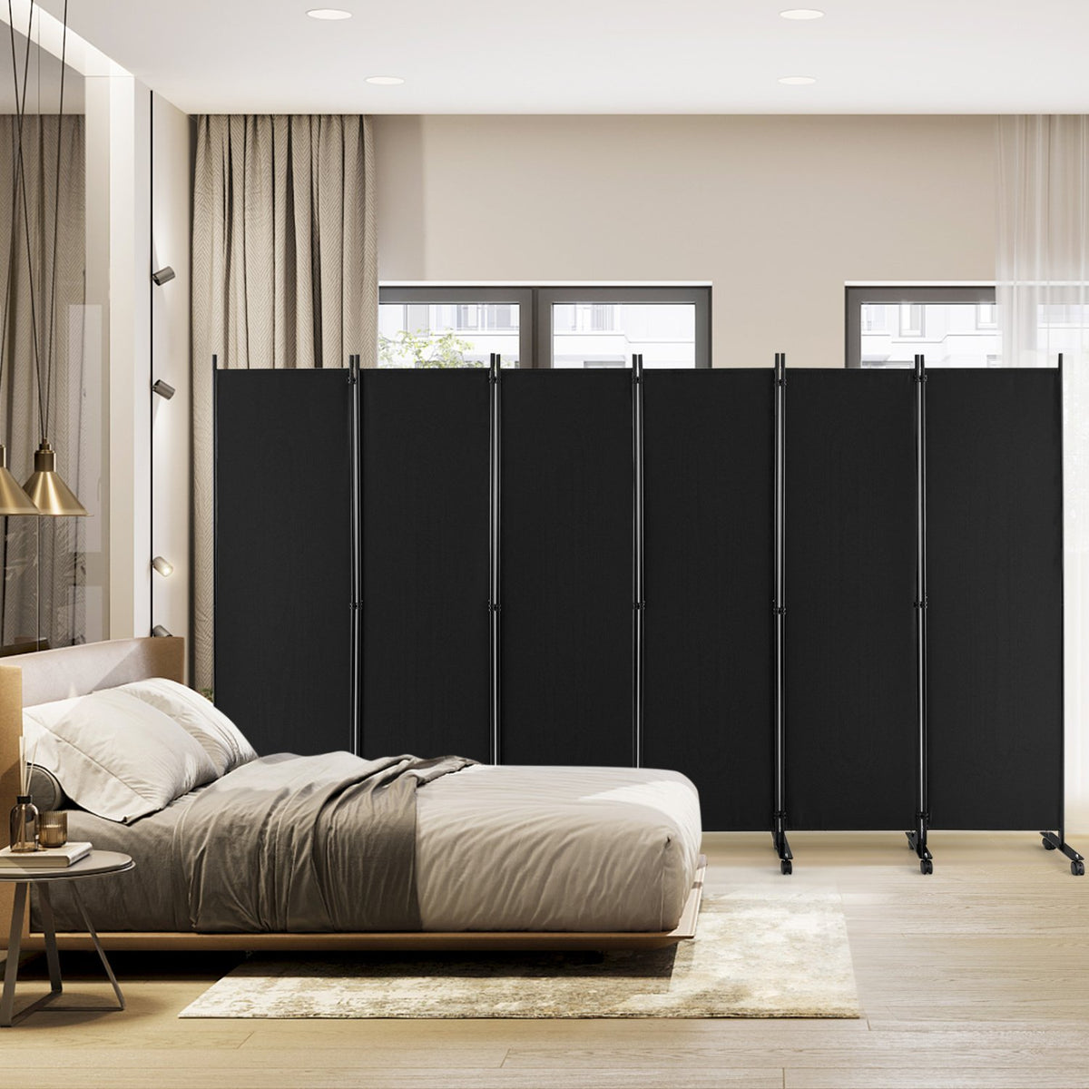 6 Panel 5.7 Feet Tall Rolling Room Divider on Wheels-Black view 3