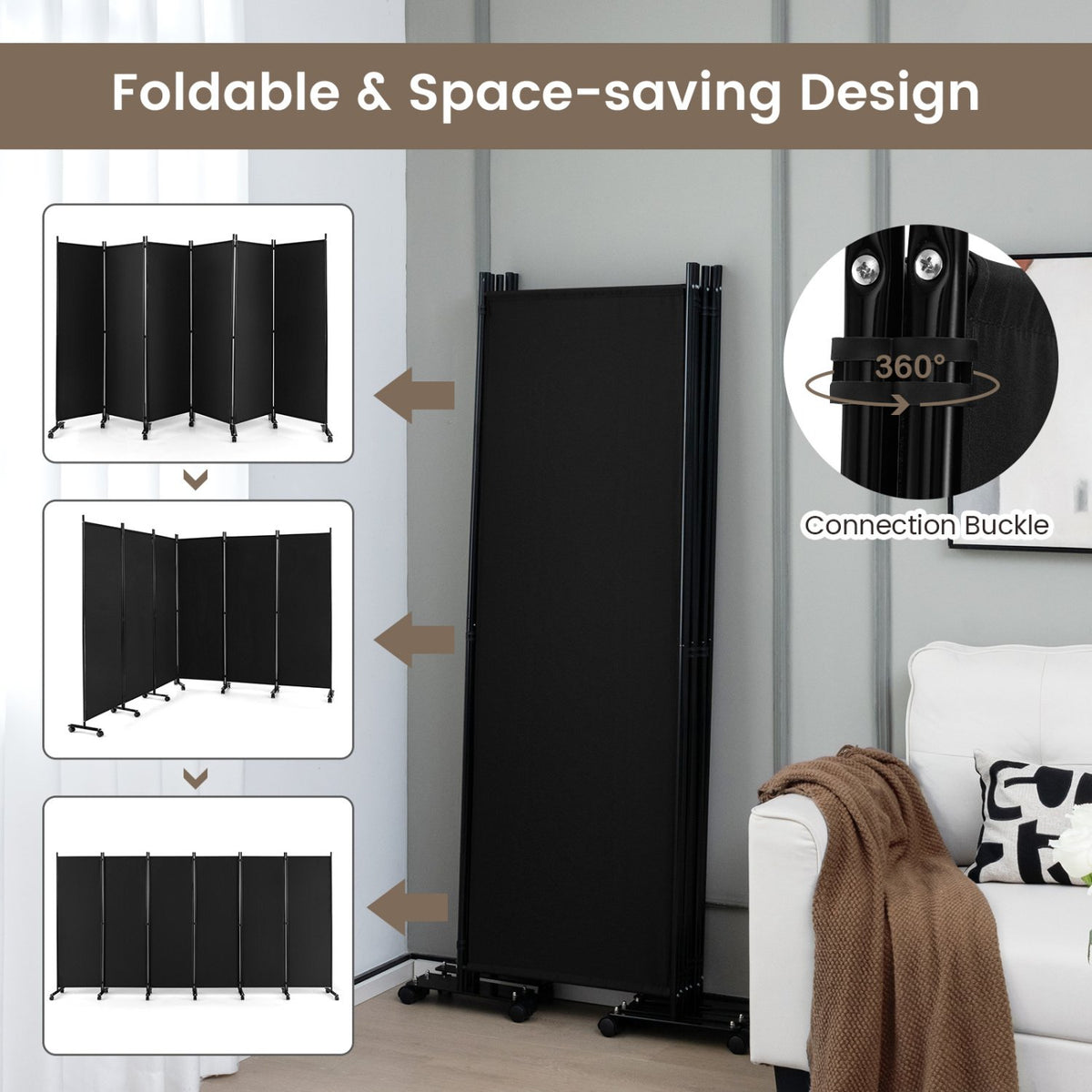 6 Panel 5.7 Feet Tall Rolling Room Divider on Wheels-Black view 5
