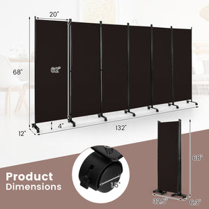 6 Panel 5.7 Feet Tall Rolling Room Divider on Wheels-Brown view 5