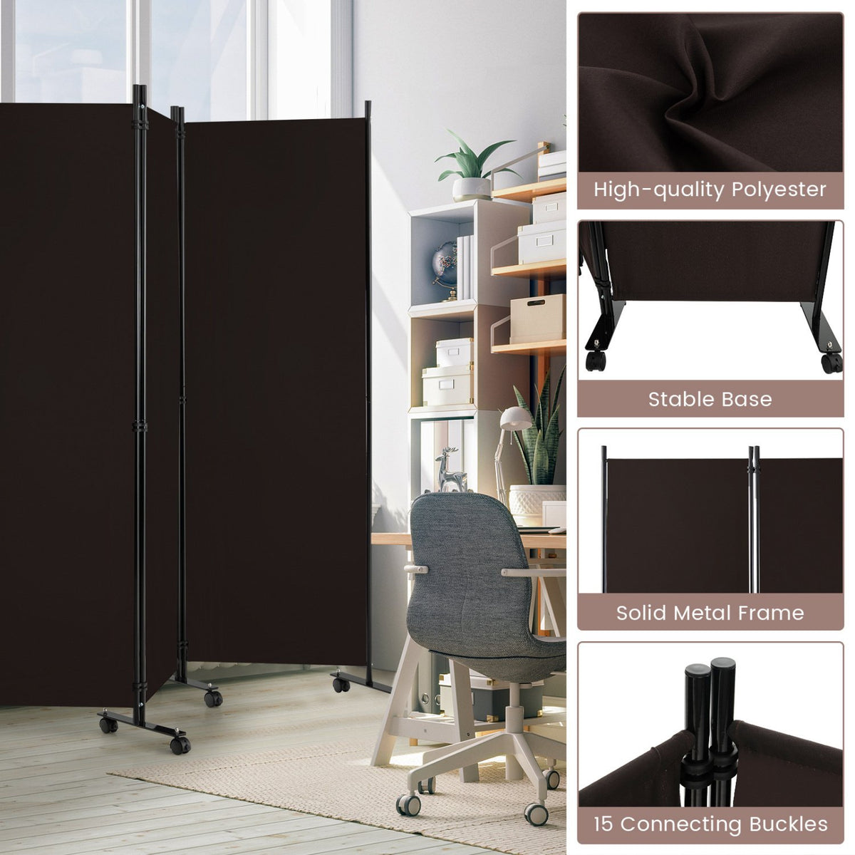 6 Panel 5.7 Feet Tall Rolling Room Divider on Wheels-Brown view 7