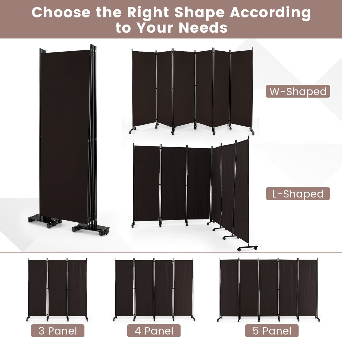 6 Panel 5.7 Feet Tall Rolling Room Divider on Wheels-Brown view 9