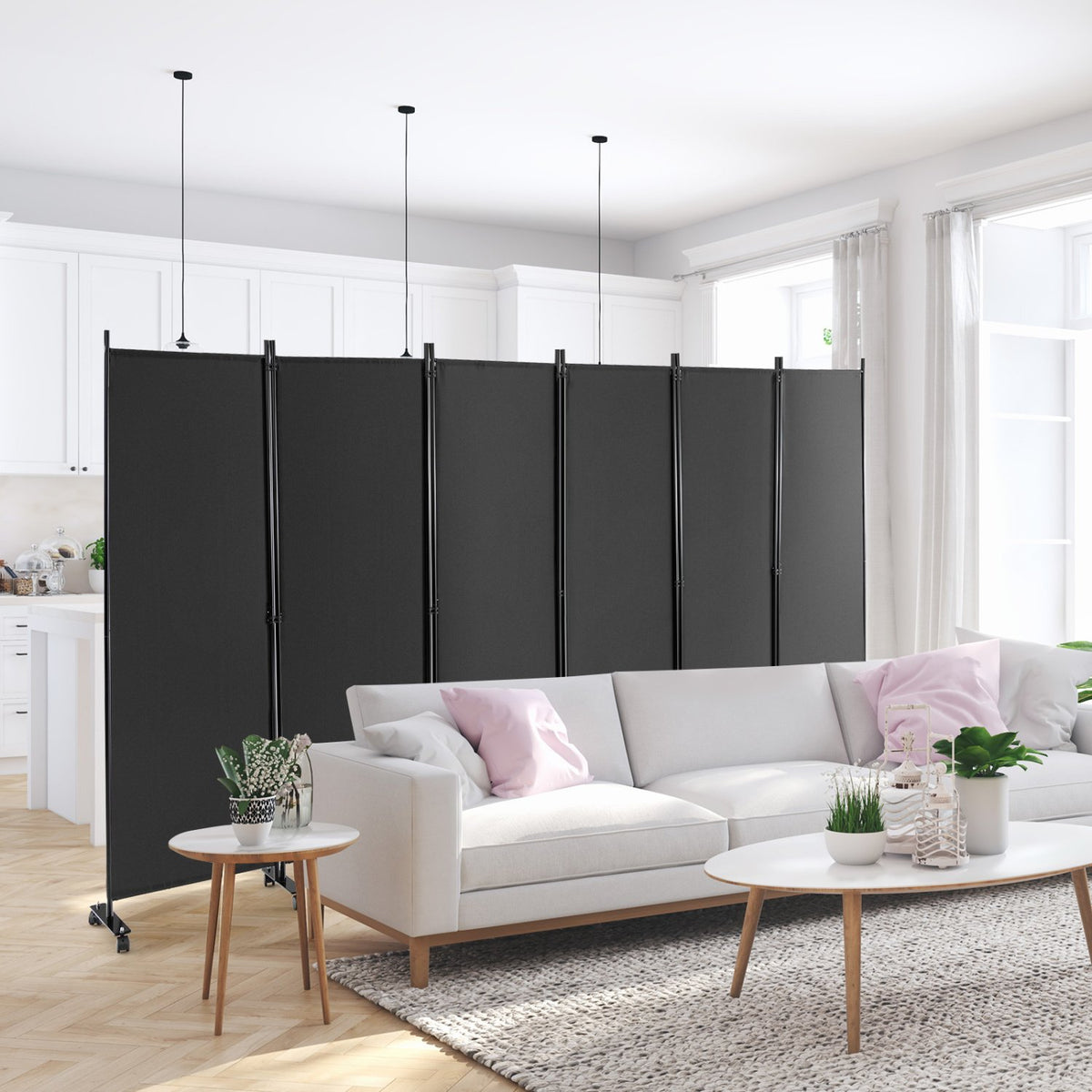 6 Panel 5.7 Feet Tall Rolling Room Divider on Wheels-Gray view 2